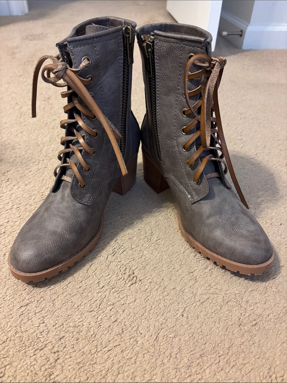 Women’s Gray Lace-Up Block Heel Boots with Brown Laces
